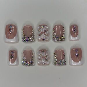 Elegant Nude and Crystal Embellished False Nails
